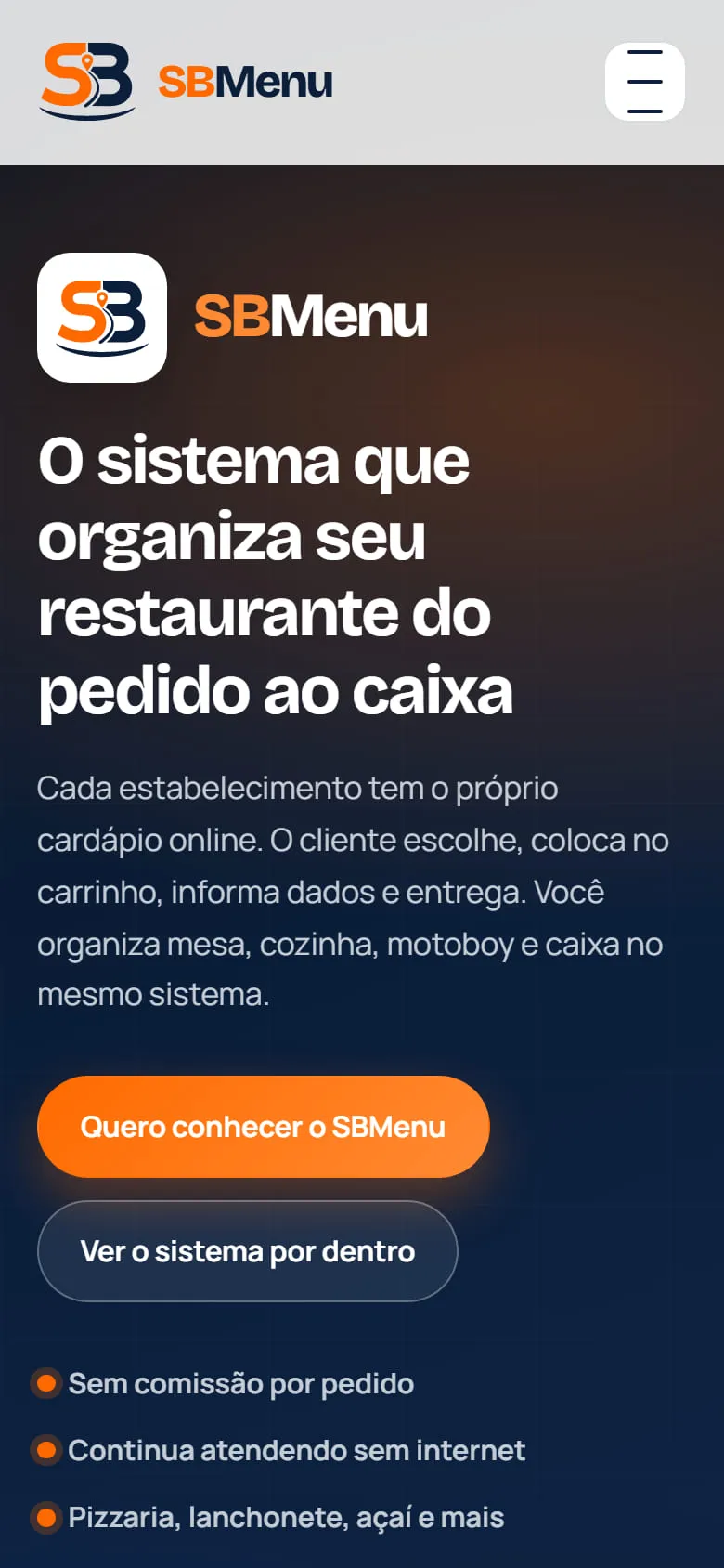 Versão para celular do site da SBMenu