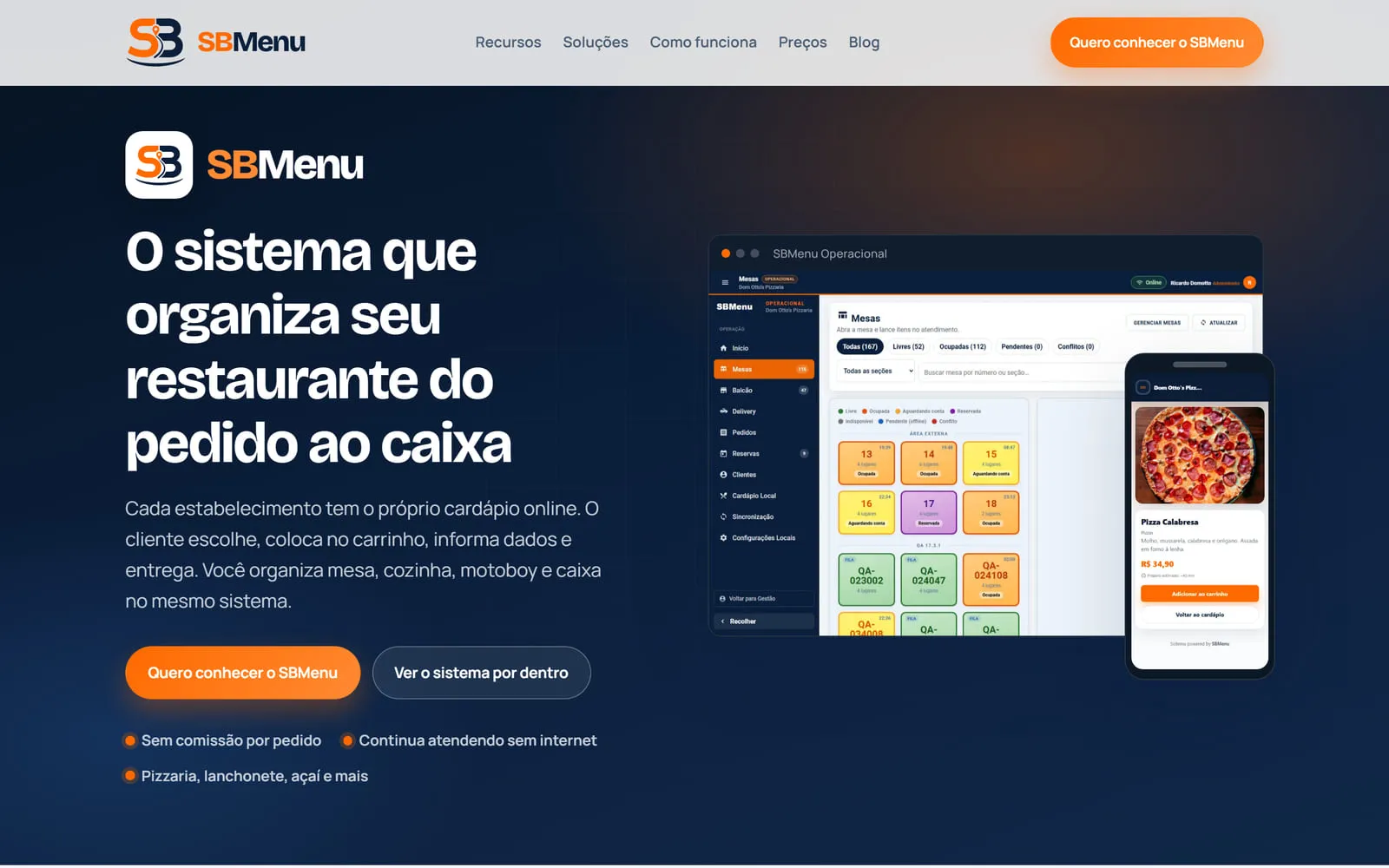 Página inicial do SBMenu, com a chamada do sistema e o painel operacional de mesas ao lado do cardápio no celular