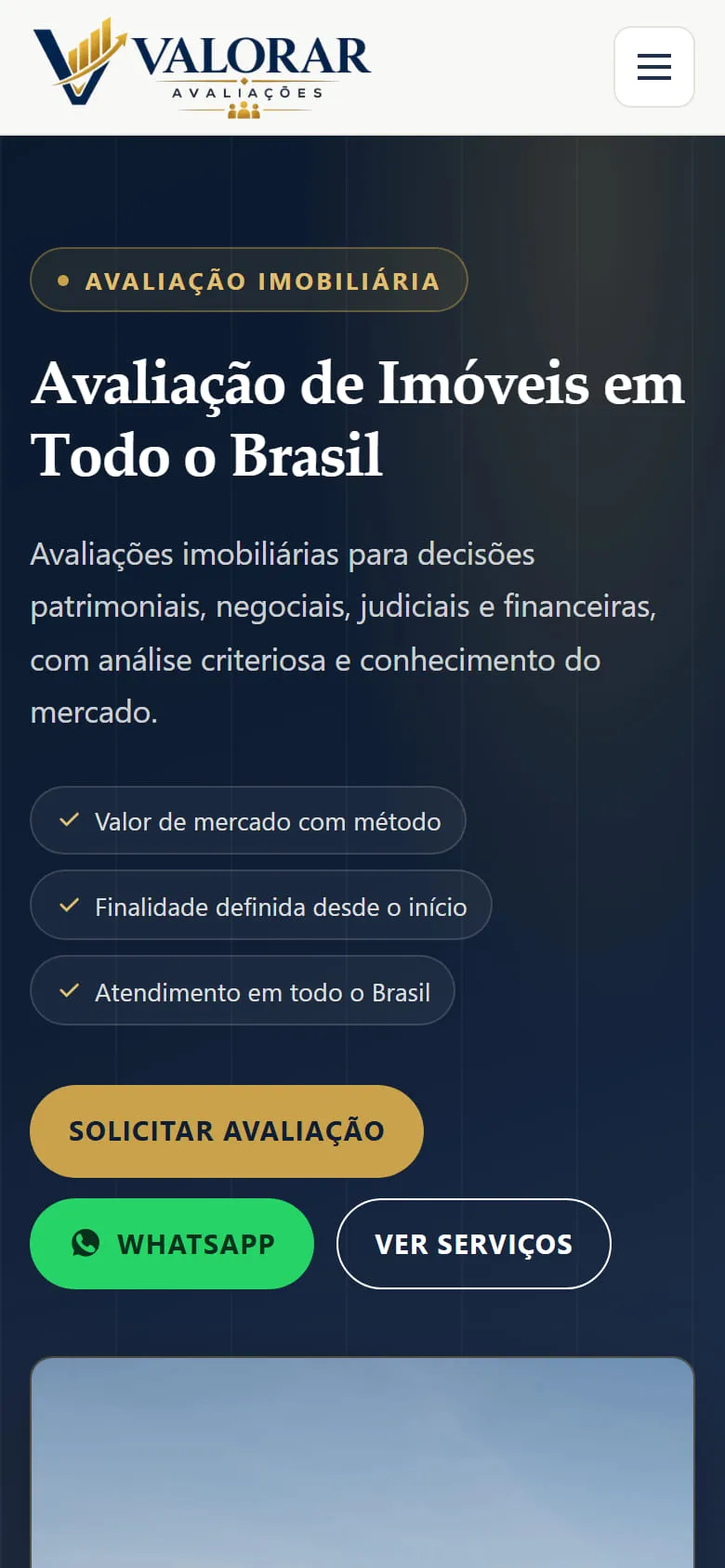 Versão para celular do site da Valorar Avaliações